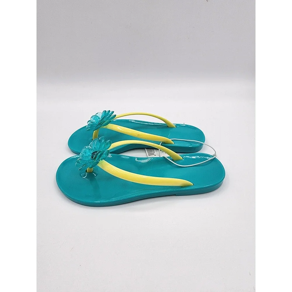 Sea Turquoise Yellow Flower Jelly Flip Flop Sandals Size 12